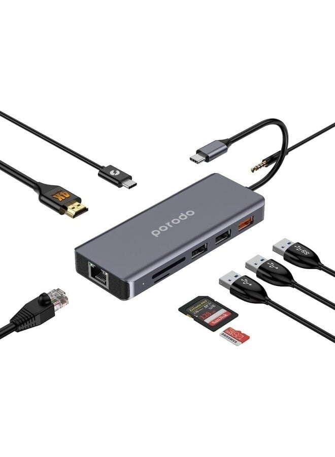 Porodo 9in1 USB-C Hub Type-C PD 100W HDMI Ethernet USB SD Card 3.5mm Aux - Gray -3.5mm Audio jack - SD & Micro SD slot - 4K HDMI