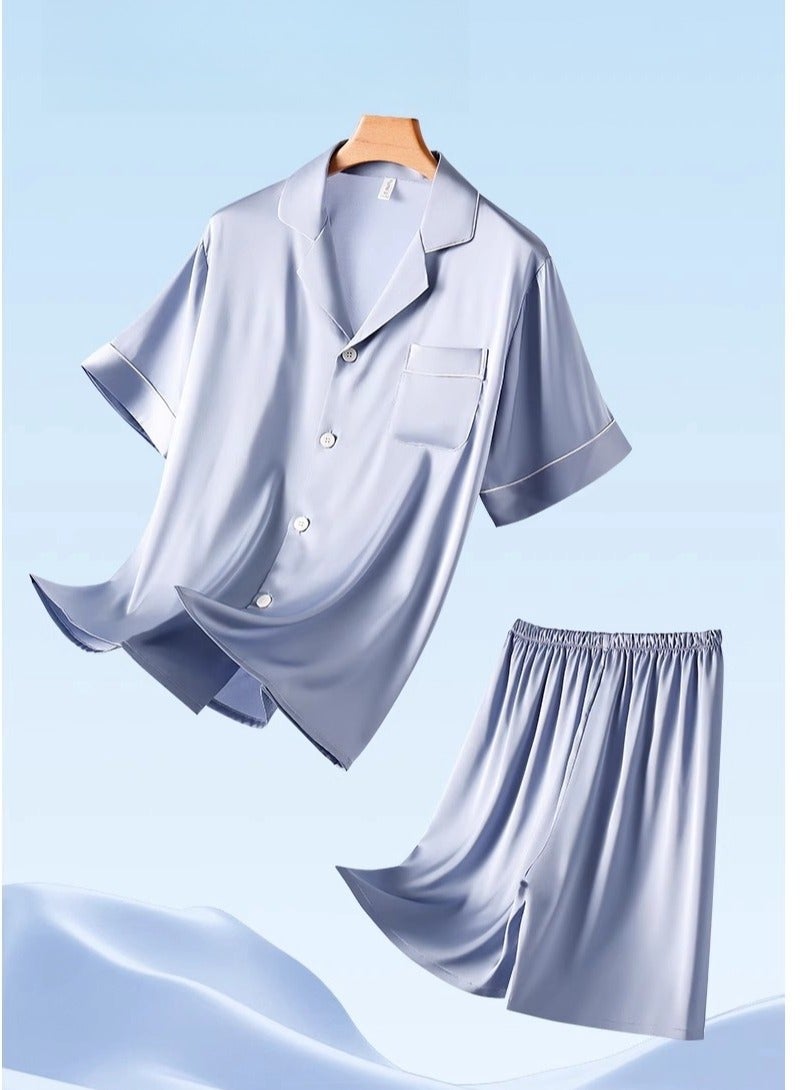 Ice Silk Sleepwear Men's Simulated Silk Short  Sleeved High-End Home Suit Set