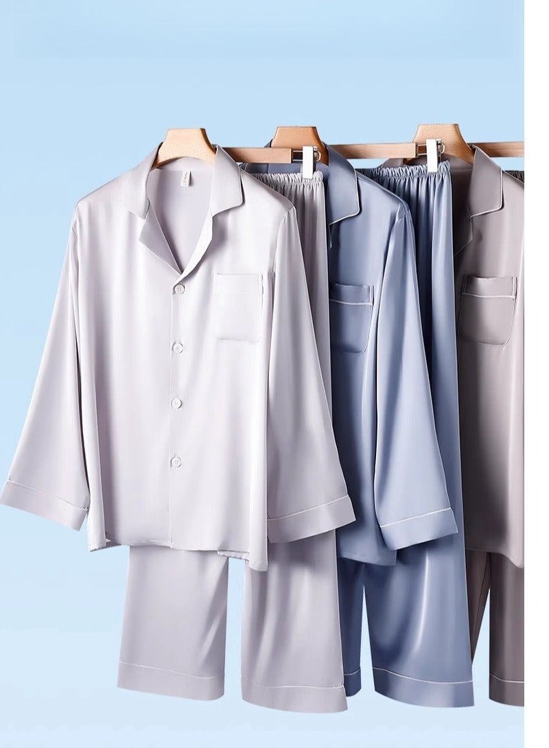 Ice Silk Sleepwear Men's Simulated Silk Long Sleeved High-End Home Suit Set