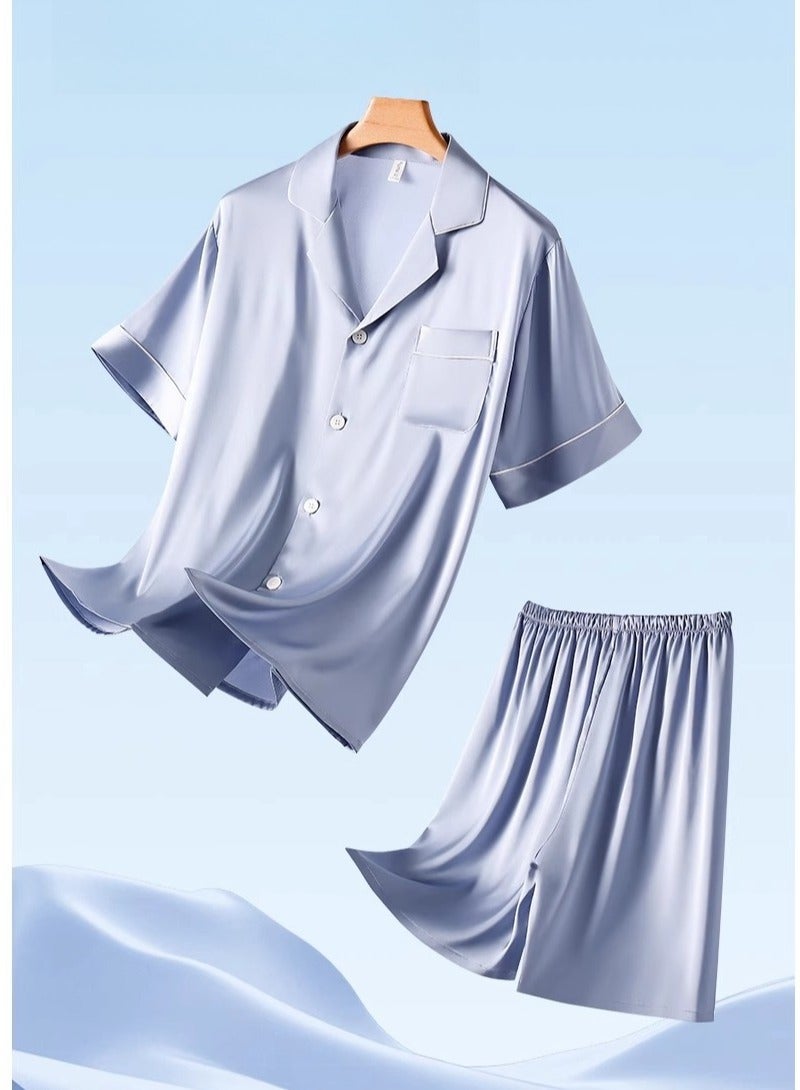 Ice Silk Sleepwear Men's Simulated Silk Short  Sleeved High-End Home Suit Set