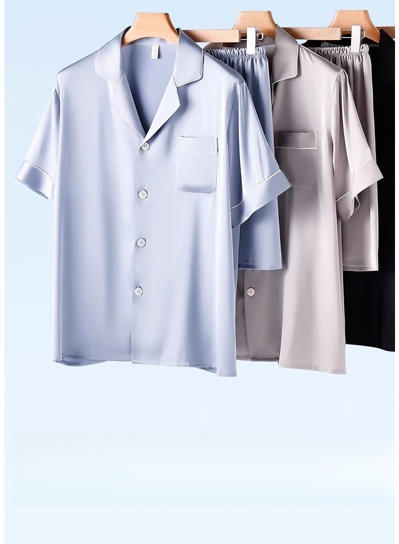 Ice Silk Sleepwear Men's Simulated Silk Short  Sleeved High-End Home Suit Set