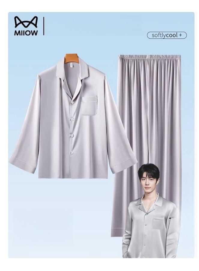 Ice Silk Sleepwear Men's Simulated Silk Long Sleeved High-End Home Suit Set