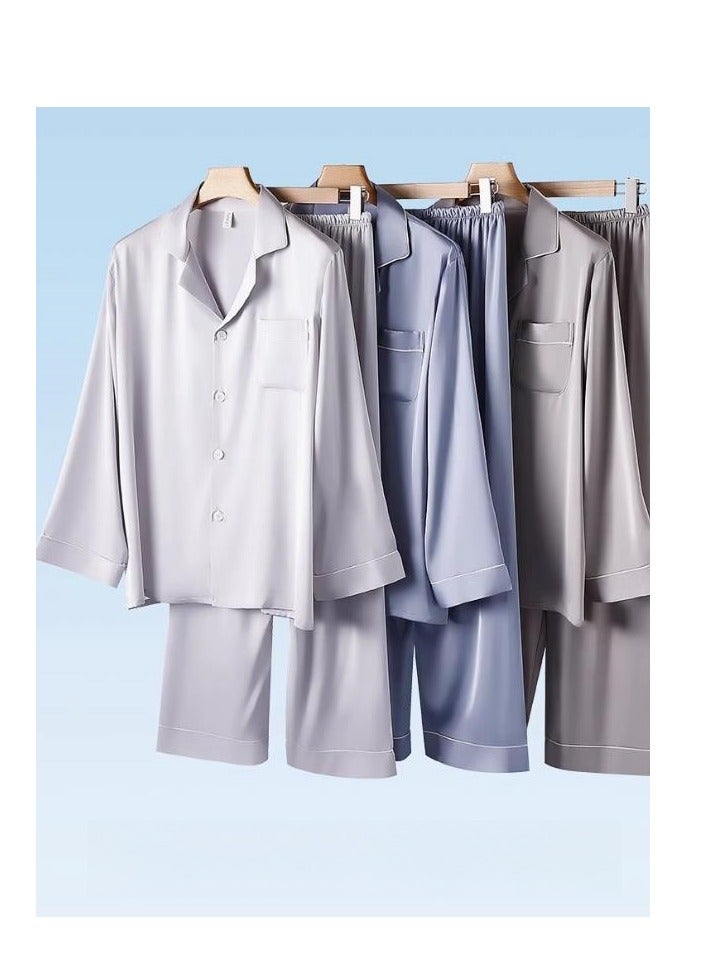 Ice Silk Sleepwear Men's Simulated Silk Long Sleeved High-End Home Suit Set