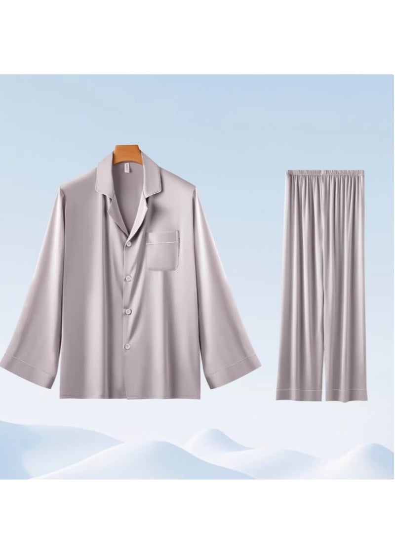 Ice Silk Sleepwear Men's Simulated Silk Long Sleeved High-End Home Suit Set