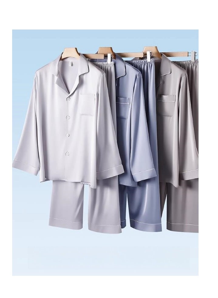 Ice Silk Sleepwear Men's Simulated Silk Long Sleeved High-End Home Suit Set