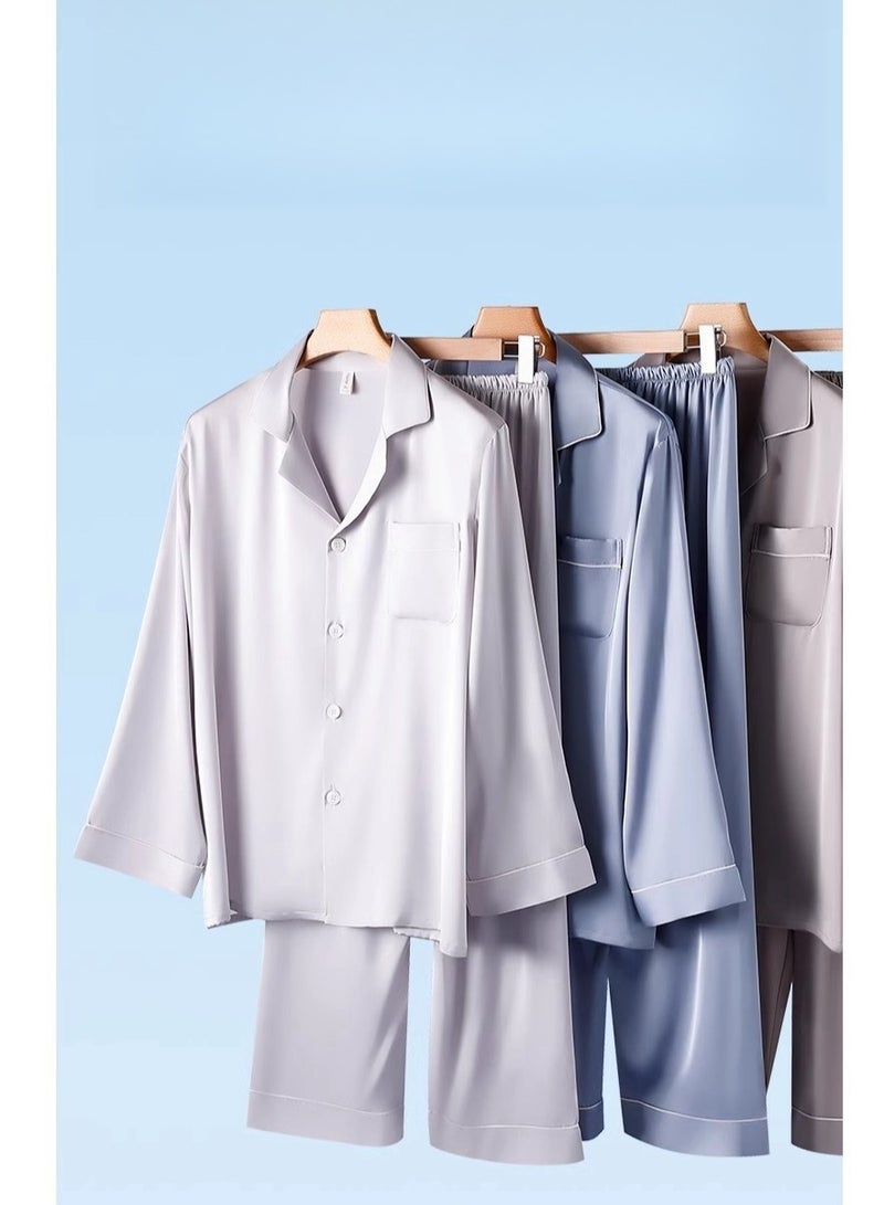 Ice Silk Sleepwear Men's Simulated Silk Long Sleeved High-End Home Suit Set