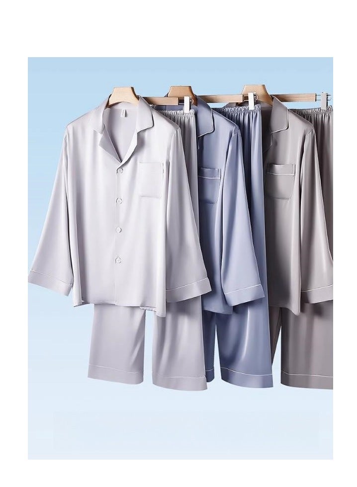 Ice Silk Sleepwear Men's Simulated Silk Long Sleeved High-End Home Suit Set