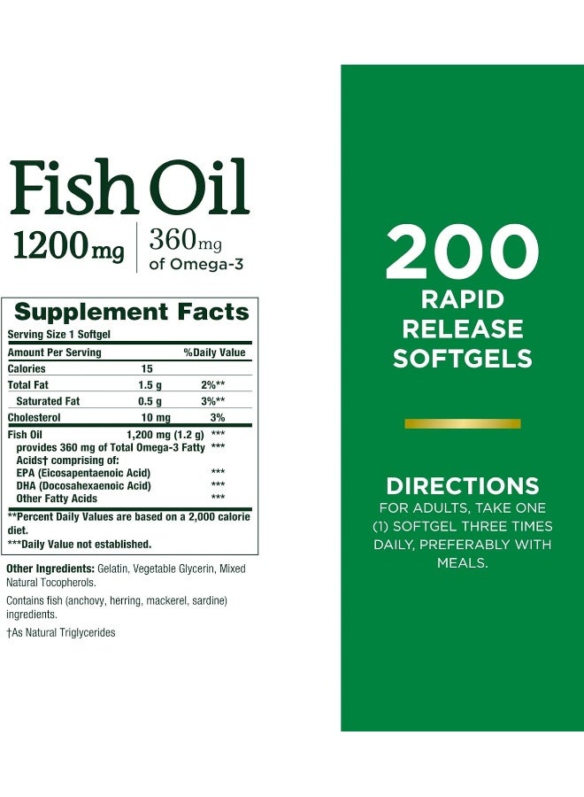 Nature's Bounty Fish Oil, Supports Heart Health, 1200 Mg, Rapid Release Softgels, 200 Ct