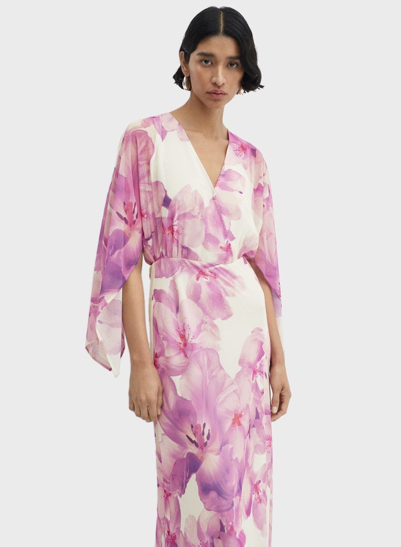 Floral Cape Sleeve Wrap Dress