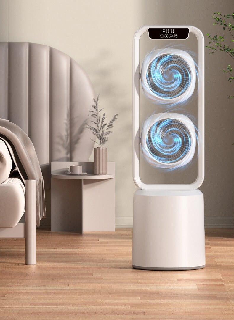Dual-Layer 3D Air Loop Cooling Rechargeable Pedestal Tower Fan with Remote Control English Operating Table and Stand