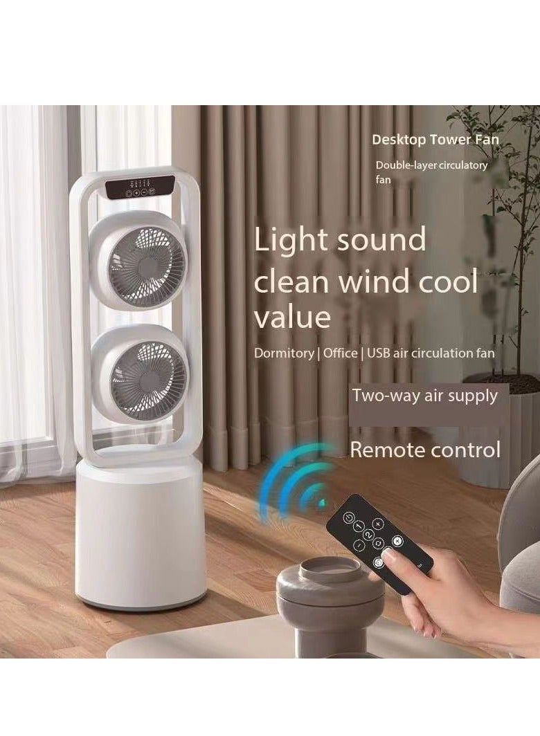 Dual-Layer 3D Air Loop Cooling Rechargeable Pedestal Tower Fan with Remote Control English Operating Table and Stand