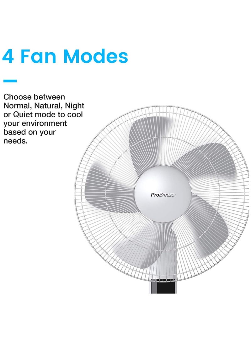 Pro Breeze 16-Inch Pedestal Fan with Remote Control and LED Display, 4 Operational Modes, 80° Oscillation, Adjustable Height & Pivoting Fan Head, Perfect for Homes, Offices and Bedrooms - White