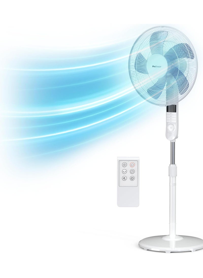 Pro Breeze 16-Inch Pedestal Fan with Remote Control and LED Display, 4 Operational Modes, 80° Oscillation, Adjustable Height & Pivoting Fan Head, Perfect for Homes, Offices and Bedrooms - White