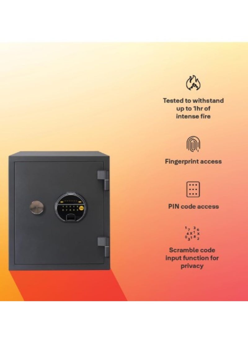 High Security Biometric Fire Safe Large, with 1 hour fire resistance, LED display panel, 16mm Locking bolts, upto 126 fingerprint storage, Black, suitable for home and office use, Black