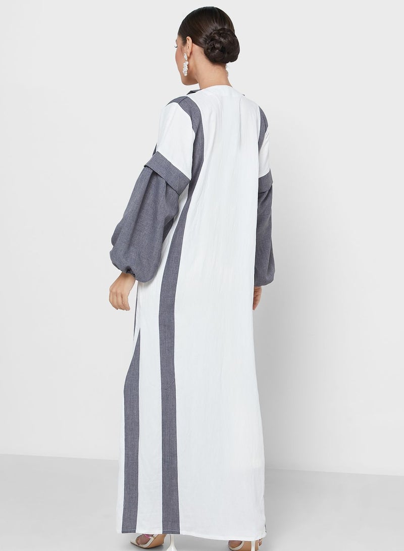 Puff Sleeve Color Block Abaya With Sheila