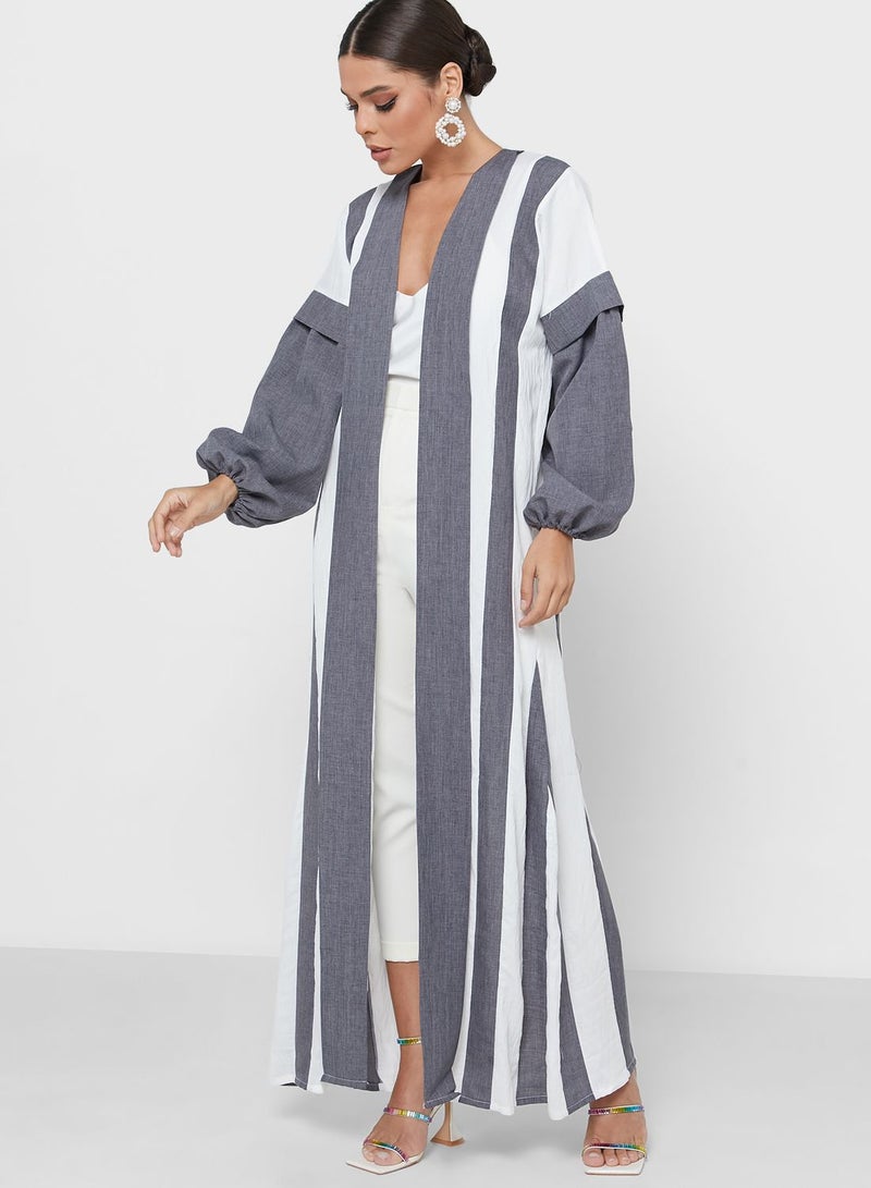 Puff Sleeve Color Block Abaya With Sheila