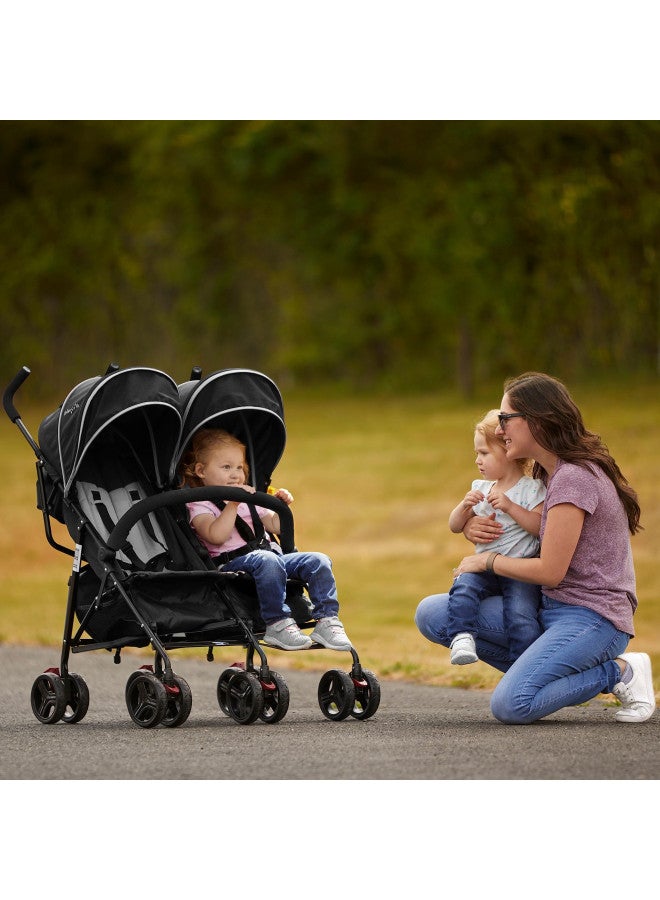 Volgo Twin Umbrella Stroller In Black, Lightweight Double Stroller For Infant & Toddler, Compact Easy Fold, Large Storage Basket, Large And Adjustable Canopy