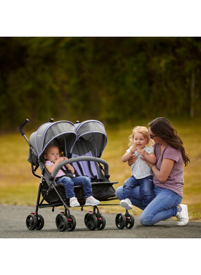 Volgo Twin Umbrella Stroller In Purple, Lightweight Double Stroller For Infant & Toddler, Compact Easy Fold, Large Storage Basket, Large And Adjustable Canopy