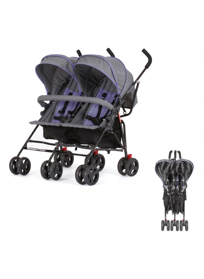 Volgo Twin Umbrella Stroller In Purple, Lightweight Double Stroller For Infant & Toddler, Compact Easy Fold, Large Storage Basket, Large And Adjustable Canopy