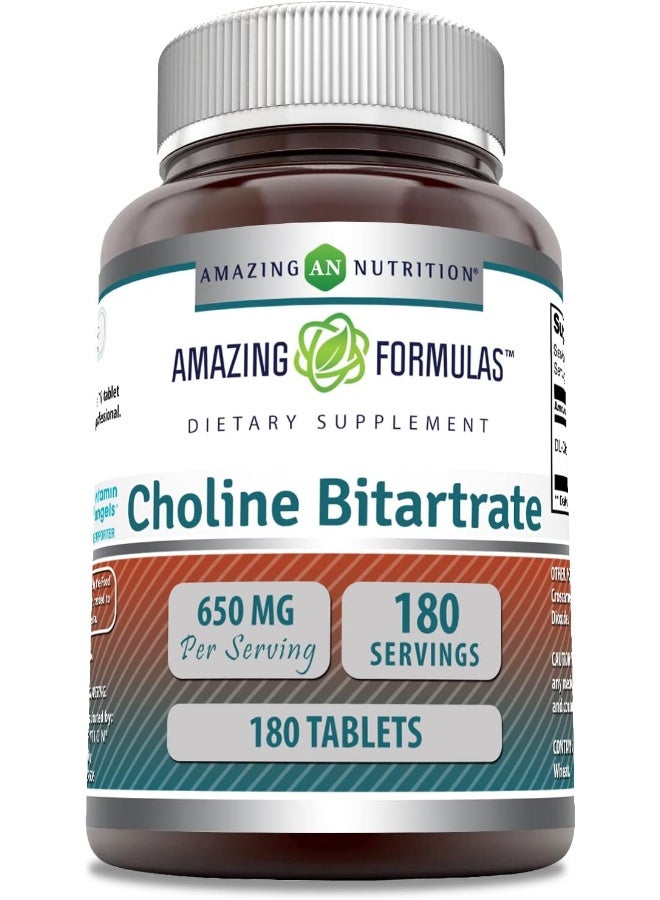 Amazing Formulas Choline Bitartrate 650 Mg, 180 Tablets (Non-Gmo, Gluten Free) – Supports Nerve & Brain Health Promotes Cellular Function Cognitive Support