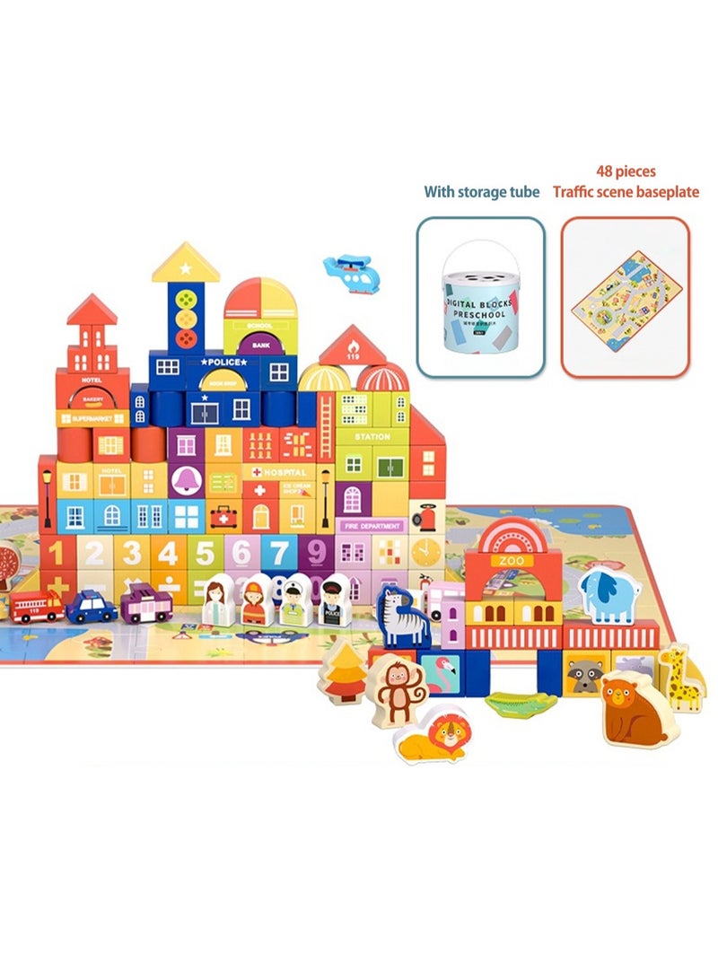 Wooden building block toy set, consisting of 122pcs of colorful urban architecture and animal themed stacked toys, suitable for preschool education toys for boys and girls
