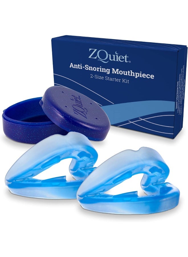 , Anti-Snoring Mouthpiece, Starter Pack With 2 Sizes, Living Hinge & Open Front Design For Comfort & Easy Breathing, Blue