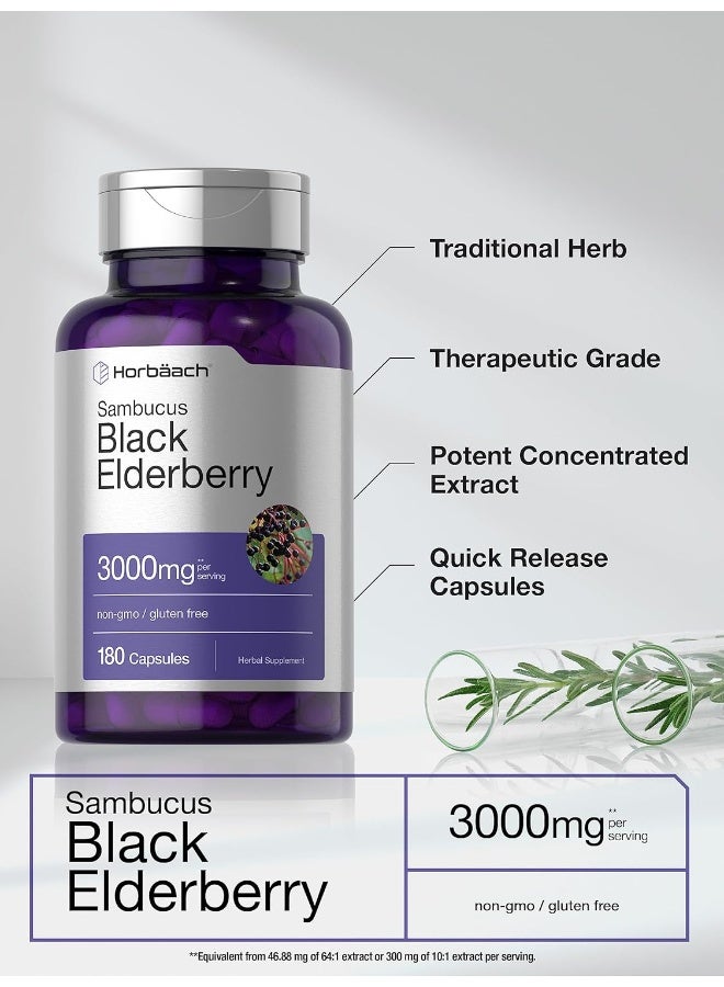 Black Elderberry Capsules 3000Mg 180 Pills Immune Support Non-Gmo, Gluten-Free Sambucus Extract Supplement