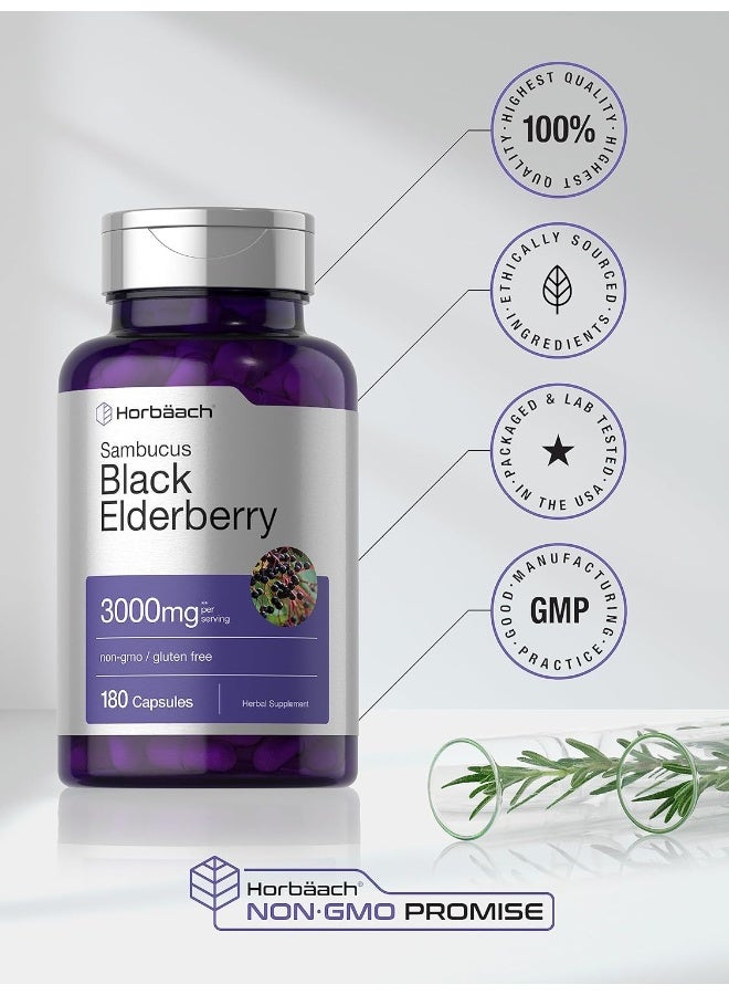 Black Elderberry Capsules 3000Mg 180 Pills Immune Support Non-Gmo, Gluten-Free Sambucus Extract Supplement