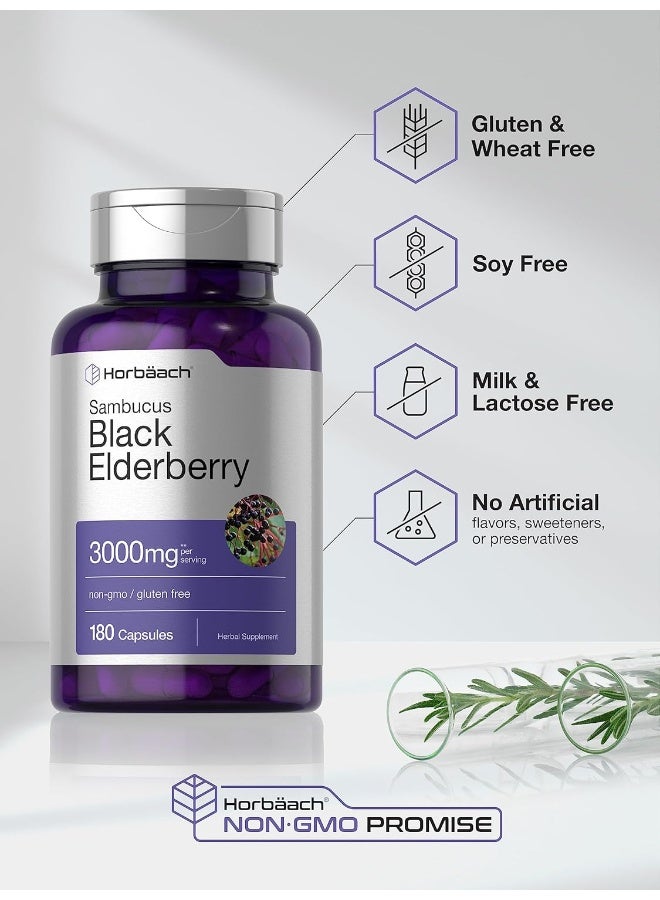 Black Elderberry Capsules 3000Mg 180 Pills Immune Support Non-Gmo, Gluten-Free Sambucus Extract Supplement