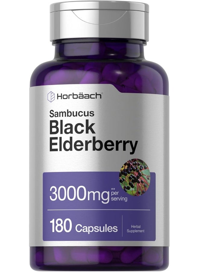 Black Elderberry Capsules 3000Mg 180 Pills Immune Support Non-Gmo, Gluten-Free Sambucus Extract Supplement