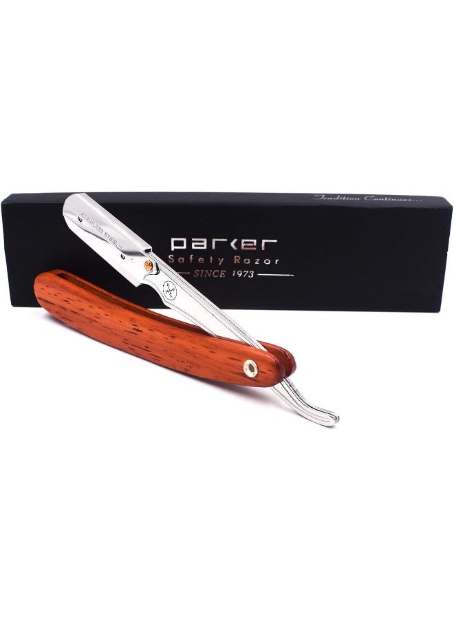 Parker'S Rosewood Wood Handle Professional Barber Straight Razor & 5 Blades