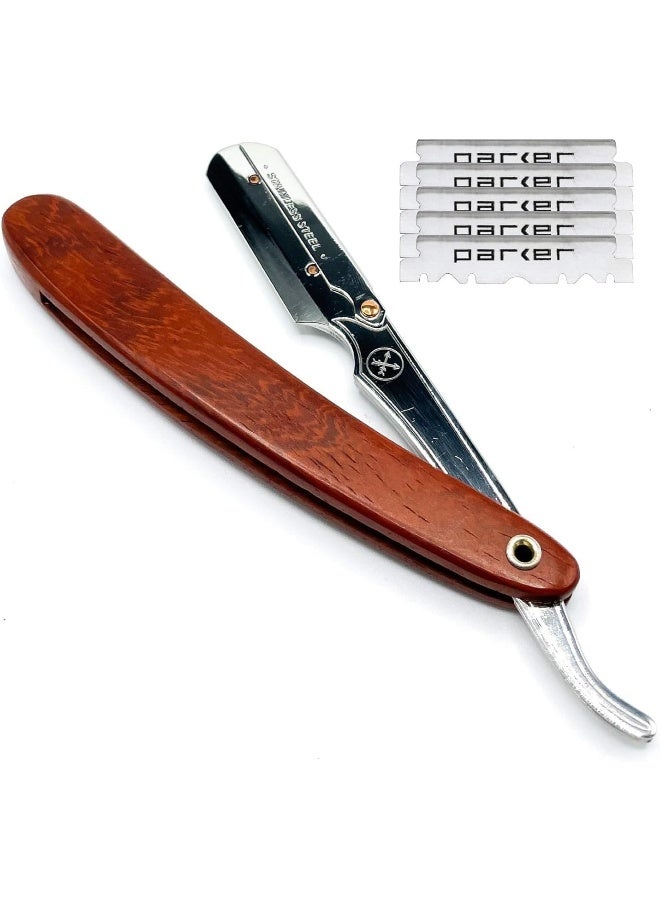 Parker'S Rosewood Wood Handle Professional Barber Straight Razor & 5 Blades