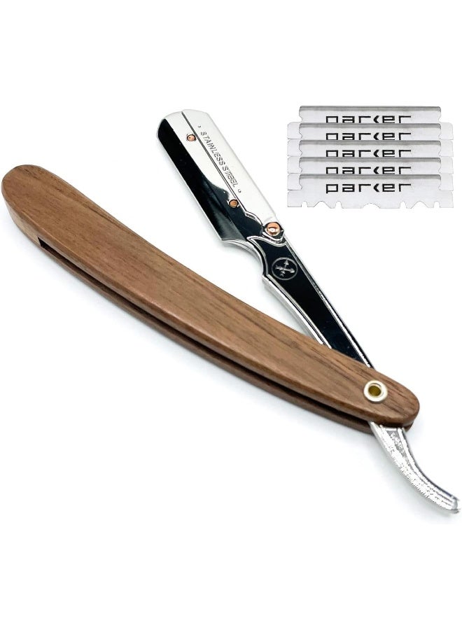 Parker'S Walnut Wood Handle Professional Barber Straight Razor & 5 Blades