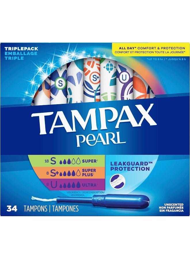 Pearl Tampons Trio PackSuper/Super Plus/Ultra Absorbency With Bpa-Free Plastic Applicator And Leakguard BraidUnscented34 Count (Pack Of 1)