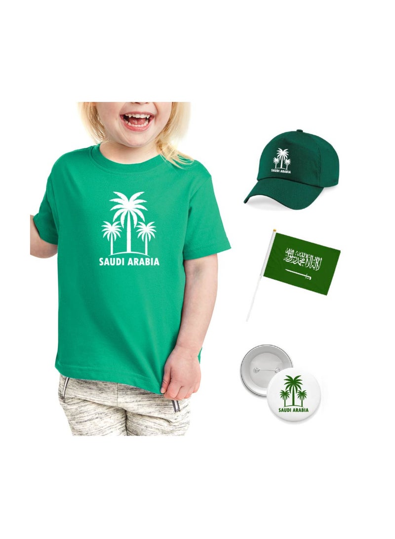 Saudi National Day T Shirt for Girls, Cap, Badge, Flag Set Celebrate Pakistan Saudi National Day with this Kids Combo Pack in Style