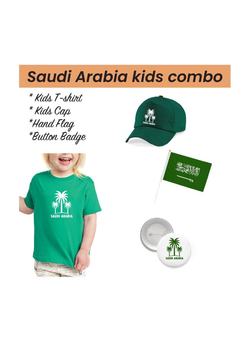 Saudi National Day T Shirt for Girls, Cap, Badge, Flag Set Celebrate Pakistan Saudi National Day with this Kids Combo Pack in Style