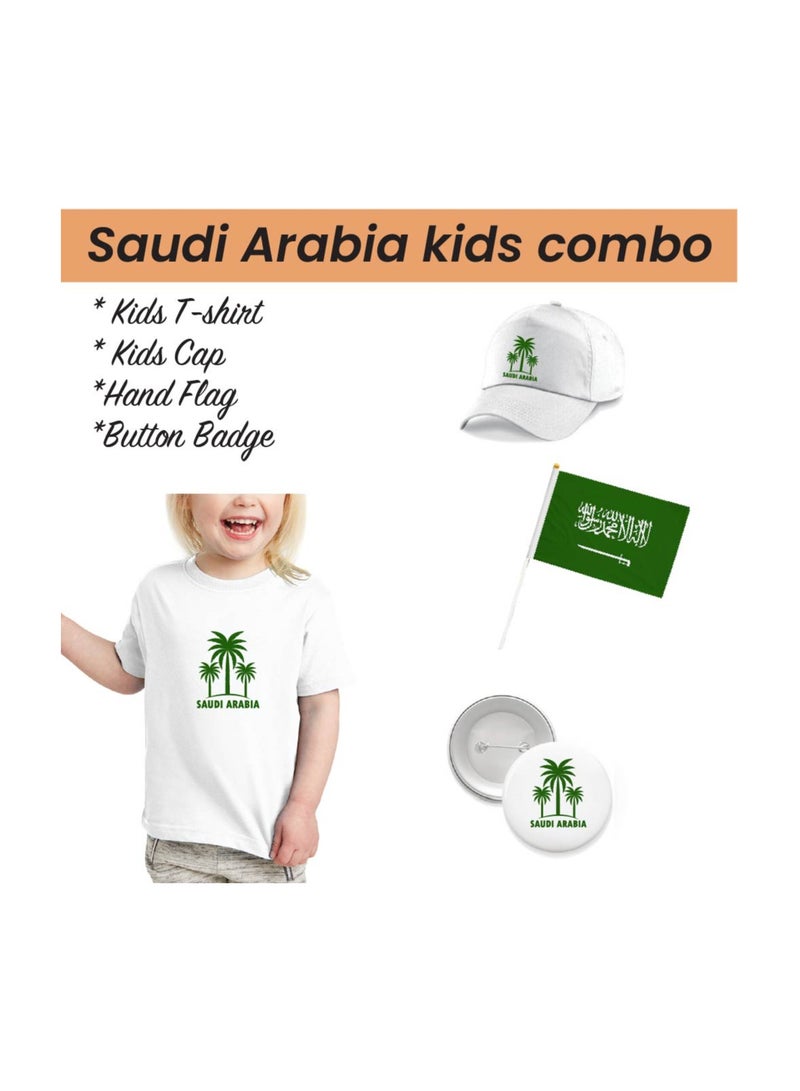 Saudi National Day T Shirt for Girls, Cap, Badge, Flag Set Celebrate Pakistan Saudi National Day with this Kids Combo Pack in Style