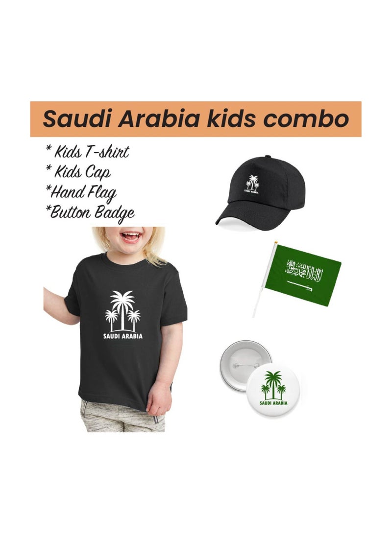 Saudi National Day T Shirt for Girls, Cap, Badge, Flag Set Celebrate Pakistan Saudi National Day with this Kids Combo Pack in Style