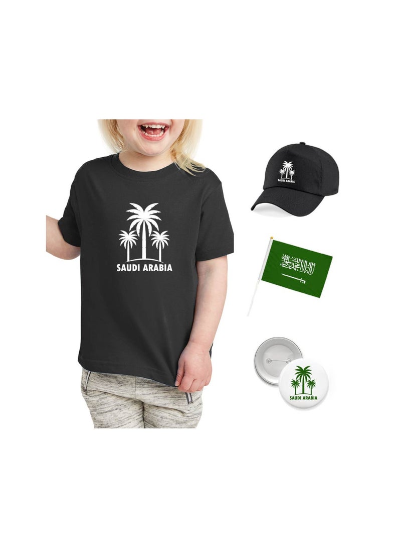 Saudi National Day T Shirt for Girls, Cap, Badge, Flag Set Celebrate Pakistan Saudi National Day with this Kids Combo Pack in Style