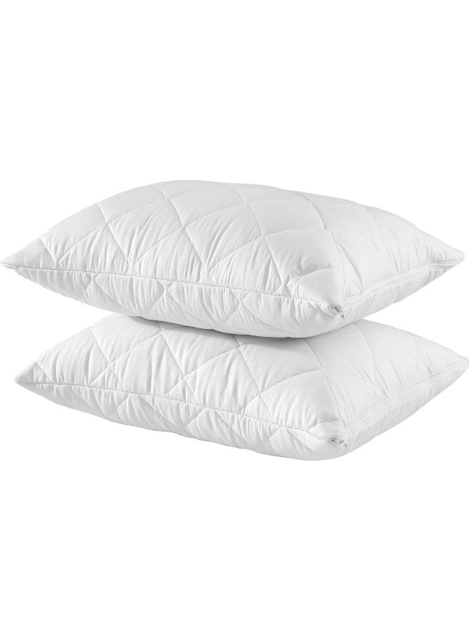 Set of 2 Waterproof Quilted Pillow Protectors Standard Size Anti Allergy Ultra Soft Thick Pair 20x26 Inches Cooling Brushed Plush White Zippered