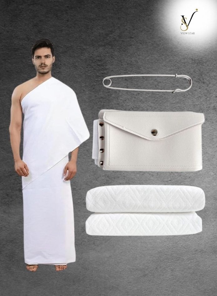 Viewstar Set of 2 Ahram Towels for Mens - Hajj & Umrah Ihram - Ehram for Islamic Pilgrimage - Belt with Built-in Bag & Pins (Ahram Bag with Built-in Belt Bag & Pins)