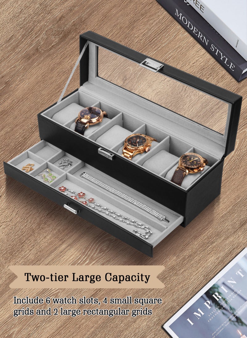 Watch Box for Men, 6 Slot Watch Display Case with Drawer, Mens Watch Case With Glass Lid, 2-Layer Jewelry and Watch Storage Watch Holder Organizer for Men Women -6 Slot, Black/Gray
