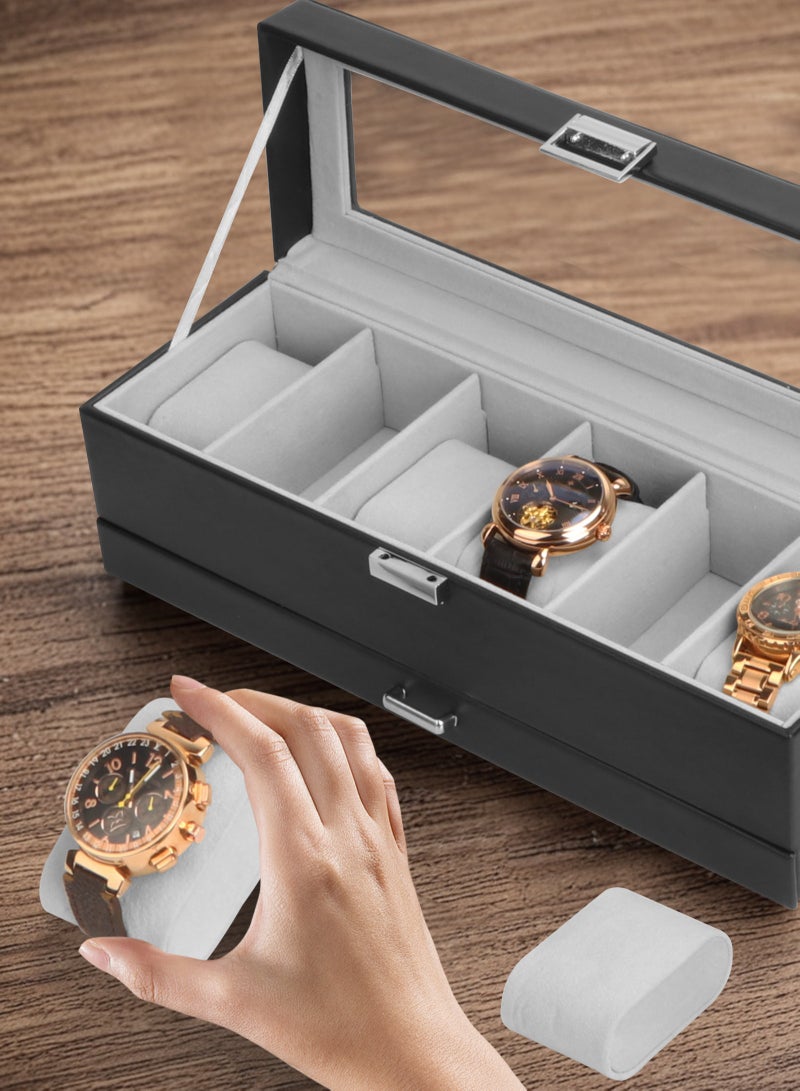 Watch Box for Men, 6 Slot Watch Display Case with Drawer, Mens Watch Case With Glass Lid, 2-Layer Jewelry and Watch Storage Watch Holder Organizer for Men Women -6 Slot, Black/Gray