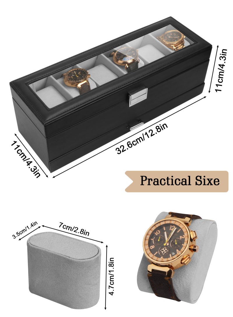 Watch Box for Men, 6 Slot Watch Display Case with Drawer, Mens Watch Case With Glass Lid, 2-Layer Jewelry and Watch Storage Watch Holder Organizer for Men Women -6 Slot, Black/Gray