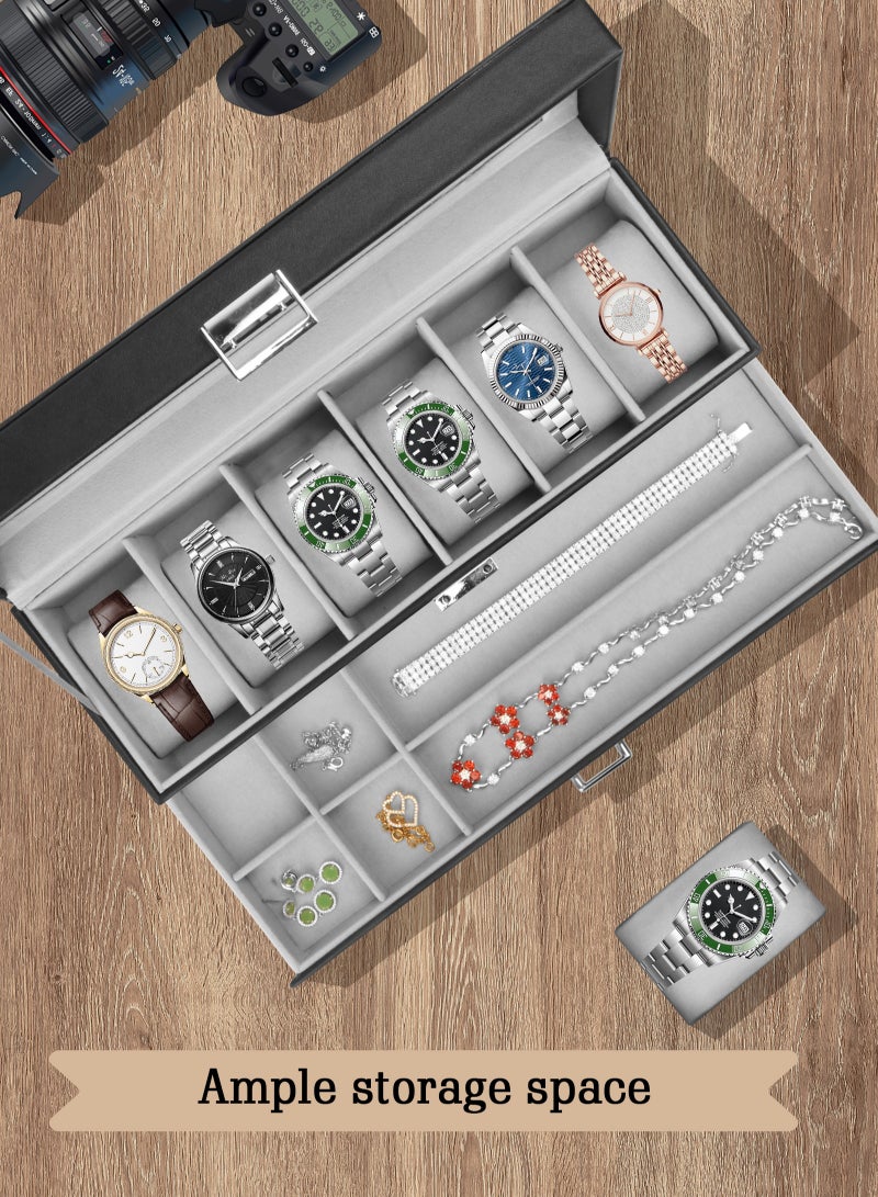 Watch Box for Men, 6 Slot Watch Display Case with Drawer, Mens Watch Case With Glass Lid, 2-Layer Jewelry and Watch Storage Watch Holder Organizer for Men Women -6 Slot, Black/Gray