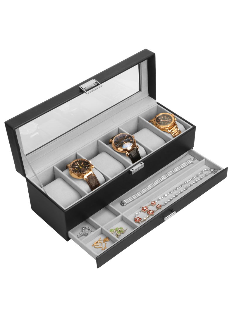 Watch Box for Men, 6 Slot Watch Display Case with Drawer, Mens Watch Case With Glass Lid, 2-Layer Jewelry and Watch Storage Watch Holder Organizer for Men Women -6 Slot, Black/Gray