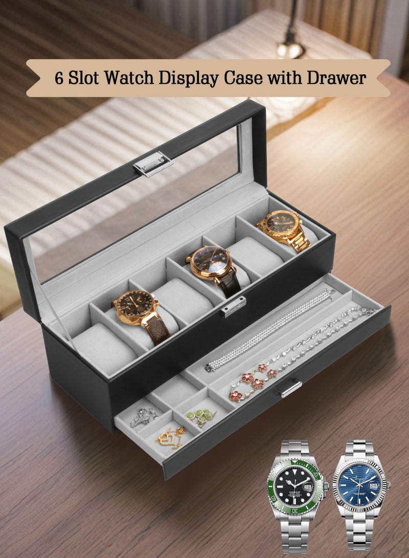 Watch Box for Men, 6 Slot Watch Display Case with Drawer, Mens Watch Case With Glass Lid, 2-Layer Jewelry and Watch Storage Watch Holder Organizer for Men Women -6 Slot, Black/Gray
