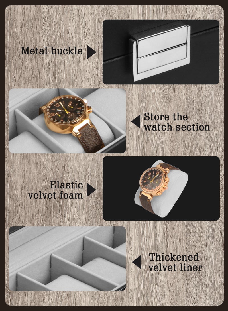 Watch Box for Men, 6 Slot Watch Display Case with Drawer, Mens Watch Case With Glass Lid, 2-Layer Jewelry and Watch Storage Watch Holder Organizer for Men Women -6 Slot, Black/Gray
