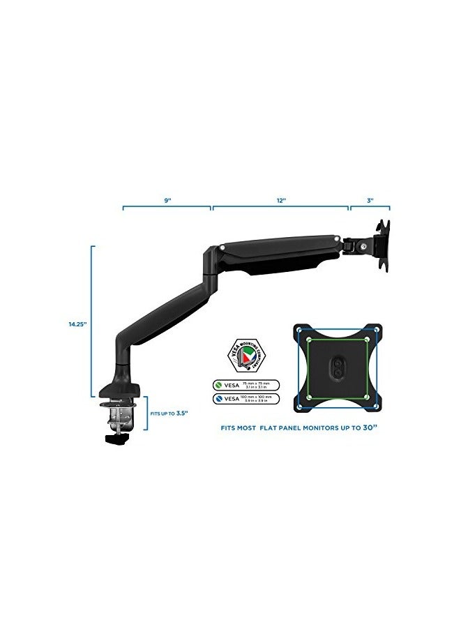 Single Monitor Arm Desk | Gas Spring Monitor Arm | Full Motion Articulating Height Adjustable | Fits 21 22 23 24 27 30 32 Inch VESA Compatible Computer Screen | Clamp and Grommet Base