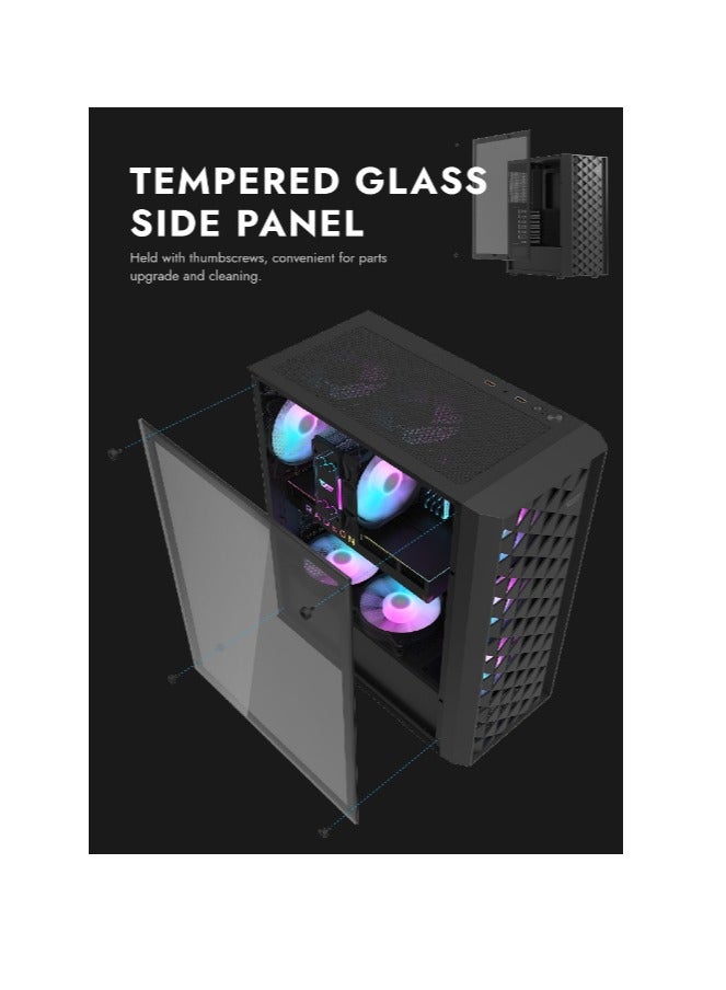 Darkflash DK351 ATX / M-ATX / ITX Gaming PC Case With Pre-installed 4 ARGB Fans Dragon Scale Design With USB 3.0, Tempered Glass Cabinet- Computer case/Gaming Cabinet (Black)